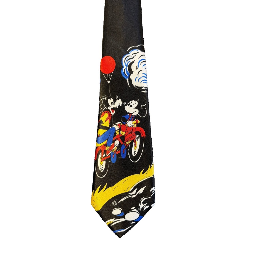 Vintage 90s Mickey Goofy Mickey Mouse Motorcycle Balloon Black Polyester Tie - Picture 1 of 8